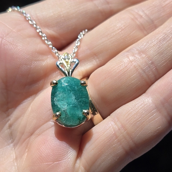 Green Beryl 9k & citrine sterling & gold crown pineapple necklace 18" - Picture 4 of 7